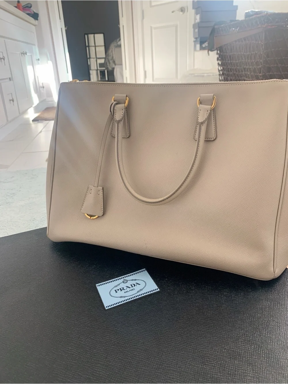 Prada Taupe Saffiano Leather Satchel with Gold Hardware